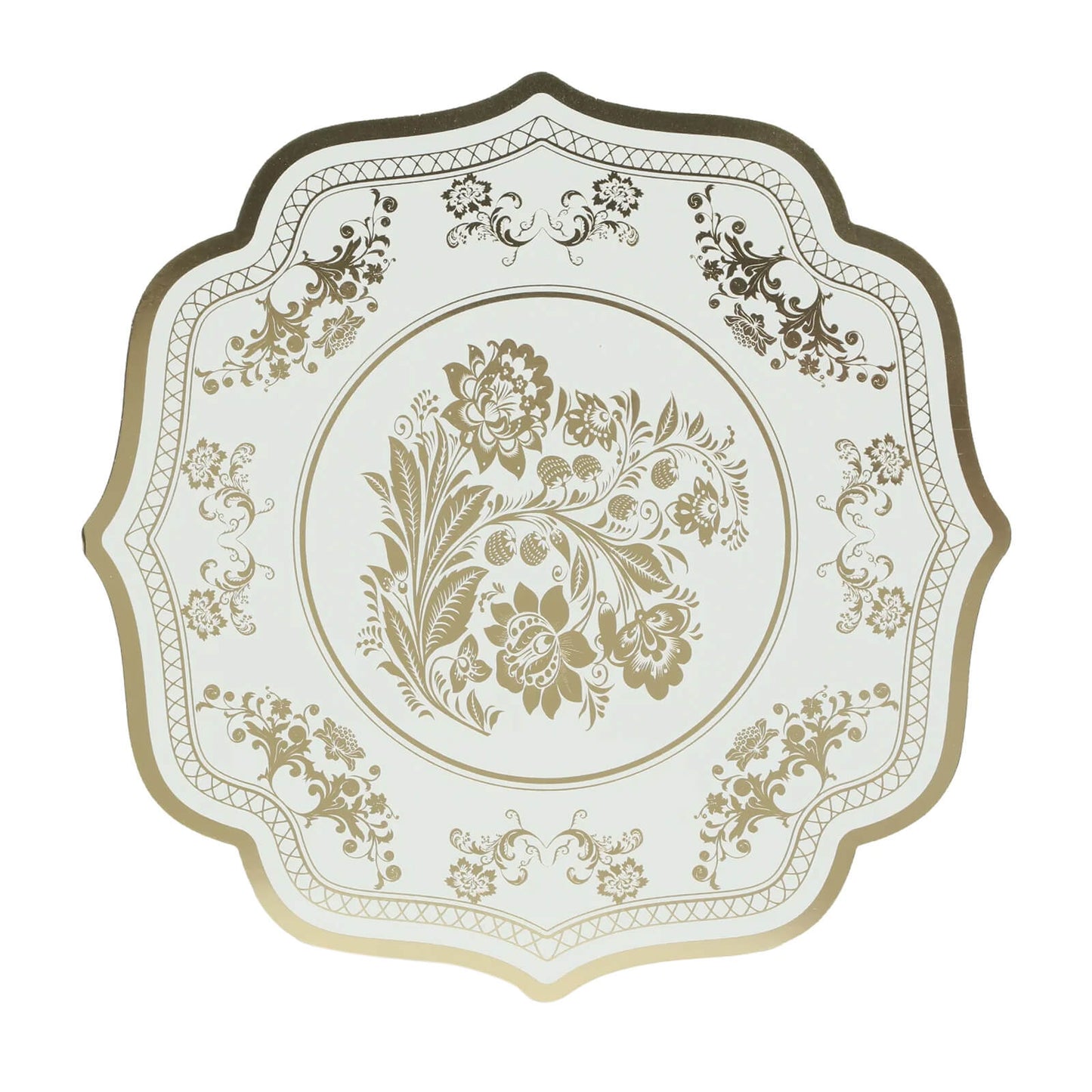 10 Pack Cardboard Paper Table Mats with White Gold Damask Floral Pattern, 13" Round Disposable Placemats with Scalloped Rim - 400 GSM