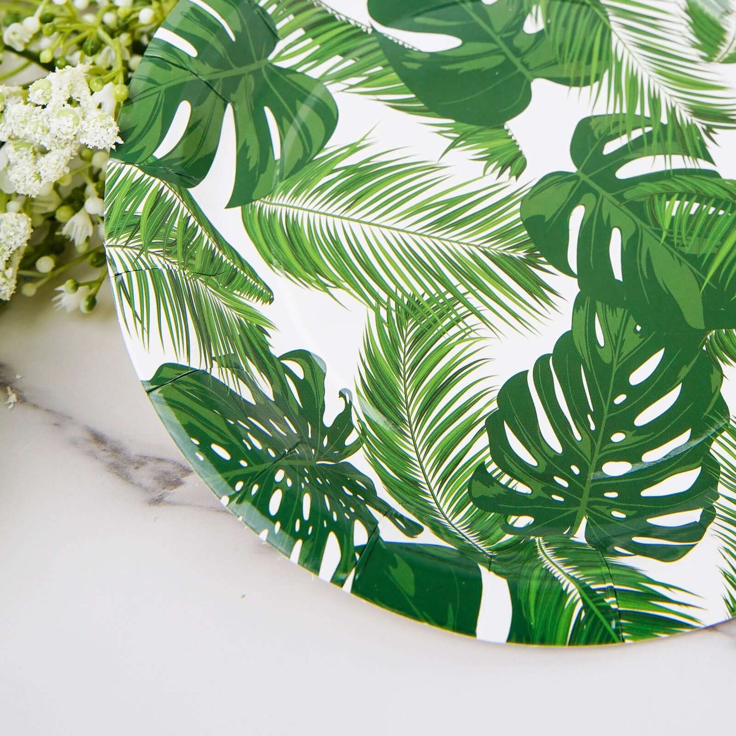 25-Pack Paper 9" Round Dinner Plates in White with Tropical Palm Leaf Design - Disposable 300GSM Party Plates for Luau & Summer Gatherings