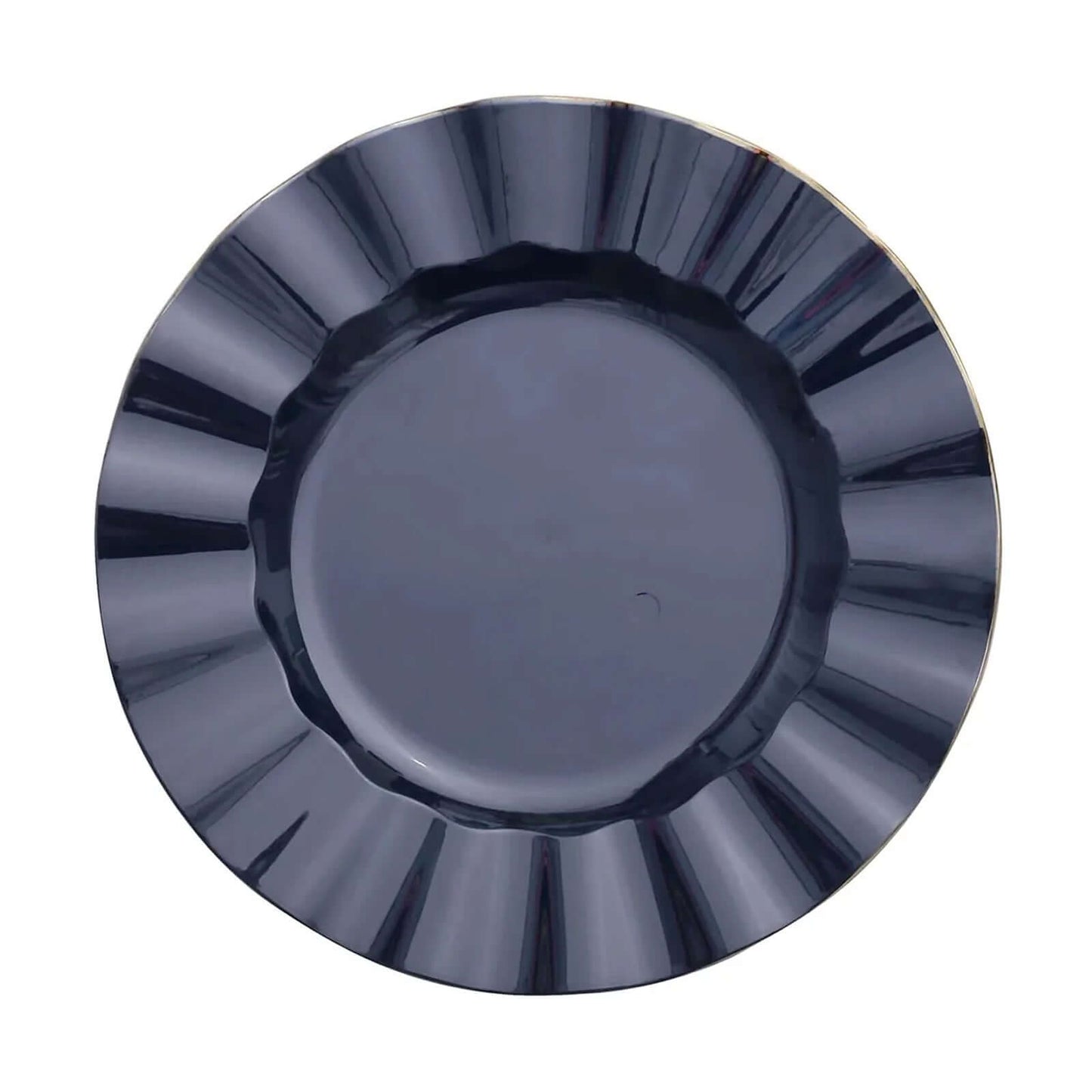 10-Pack Plastic 9" Round Dinner Plates in Navy Blue Ruffled Rim with Gold Edging - Sturdy Disposable Dinnerware