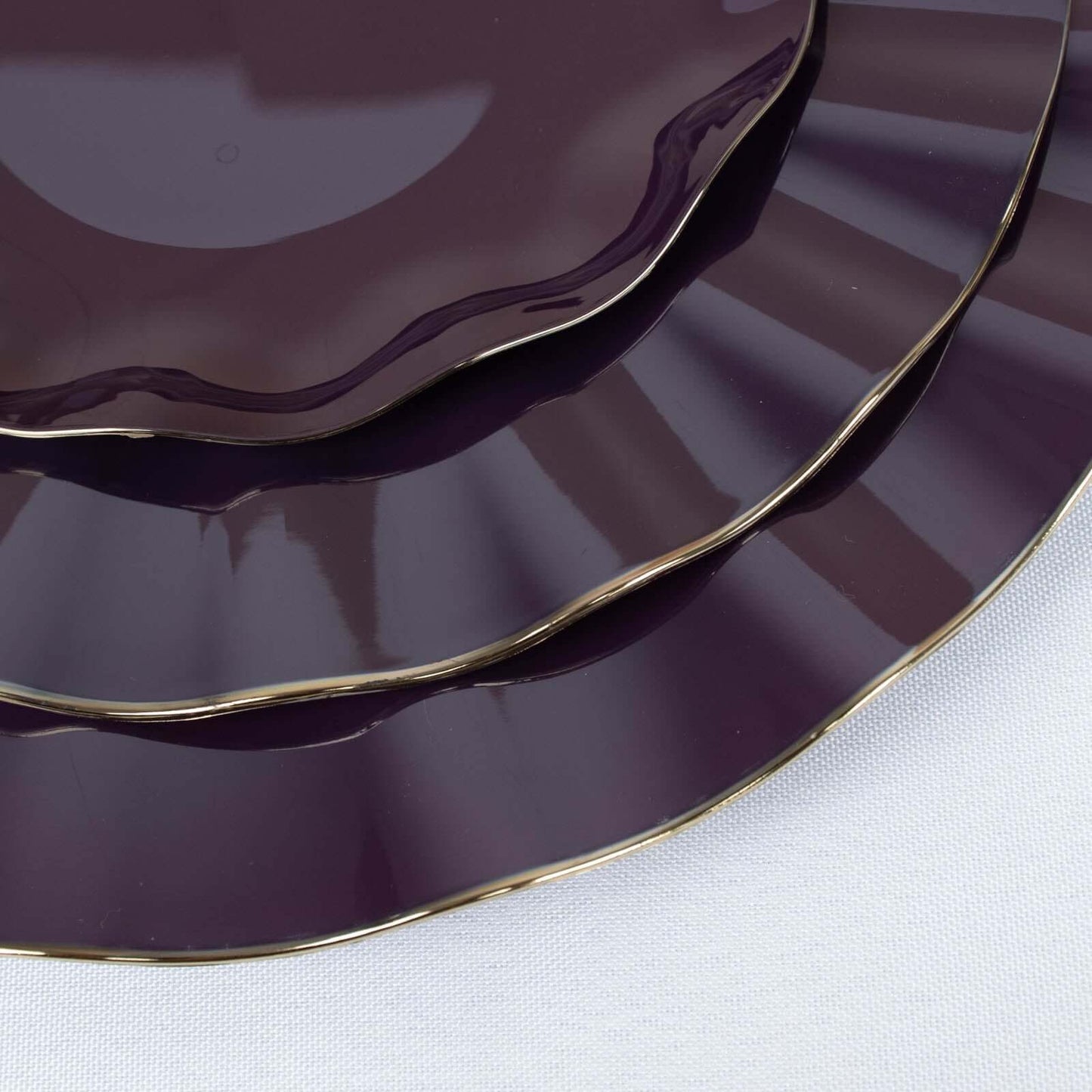 10-Pack Plastic 9" Round Dinner Plates in Purple Ruffled Rim with Gold Edging - Sturdy Disposable Dinnerware