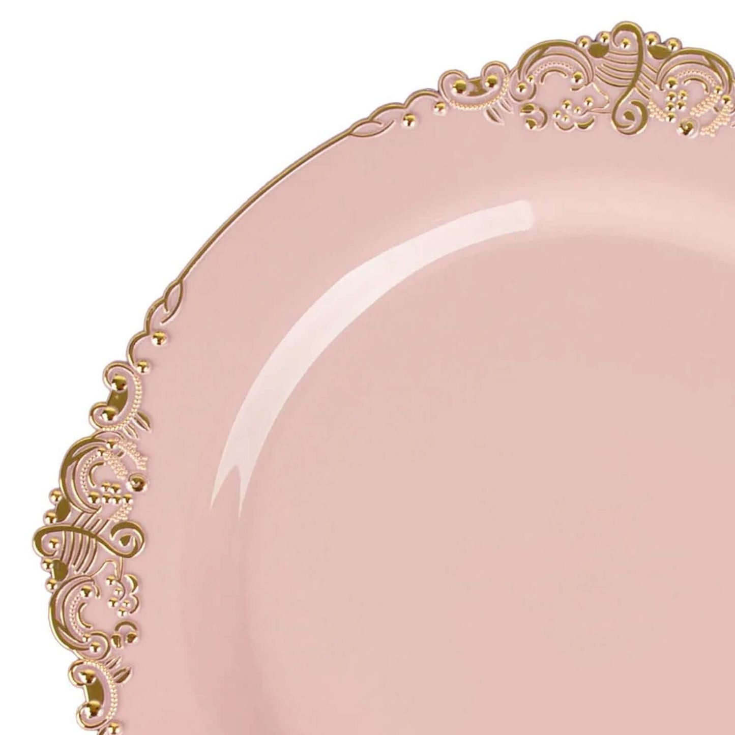 10-Pack Plastic 8" Round Dessert Plates in Blush with Gold Leaf Embossed Rim - Disposable Vintage Baroque Style Salad Plates