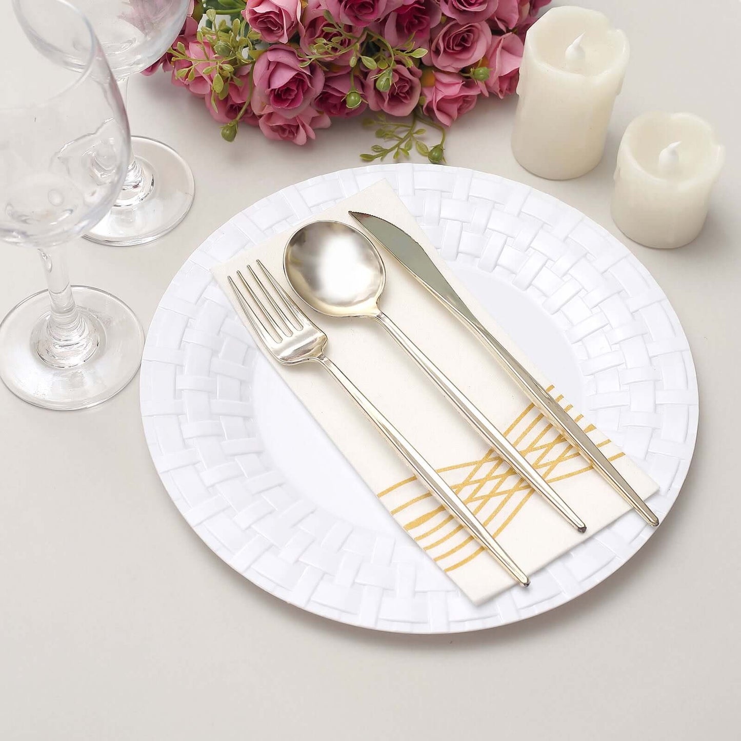 10-Pack Plastic Dinner Plates White Basketweave Rim - Durable Disposable Dinner Plates 10"