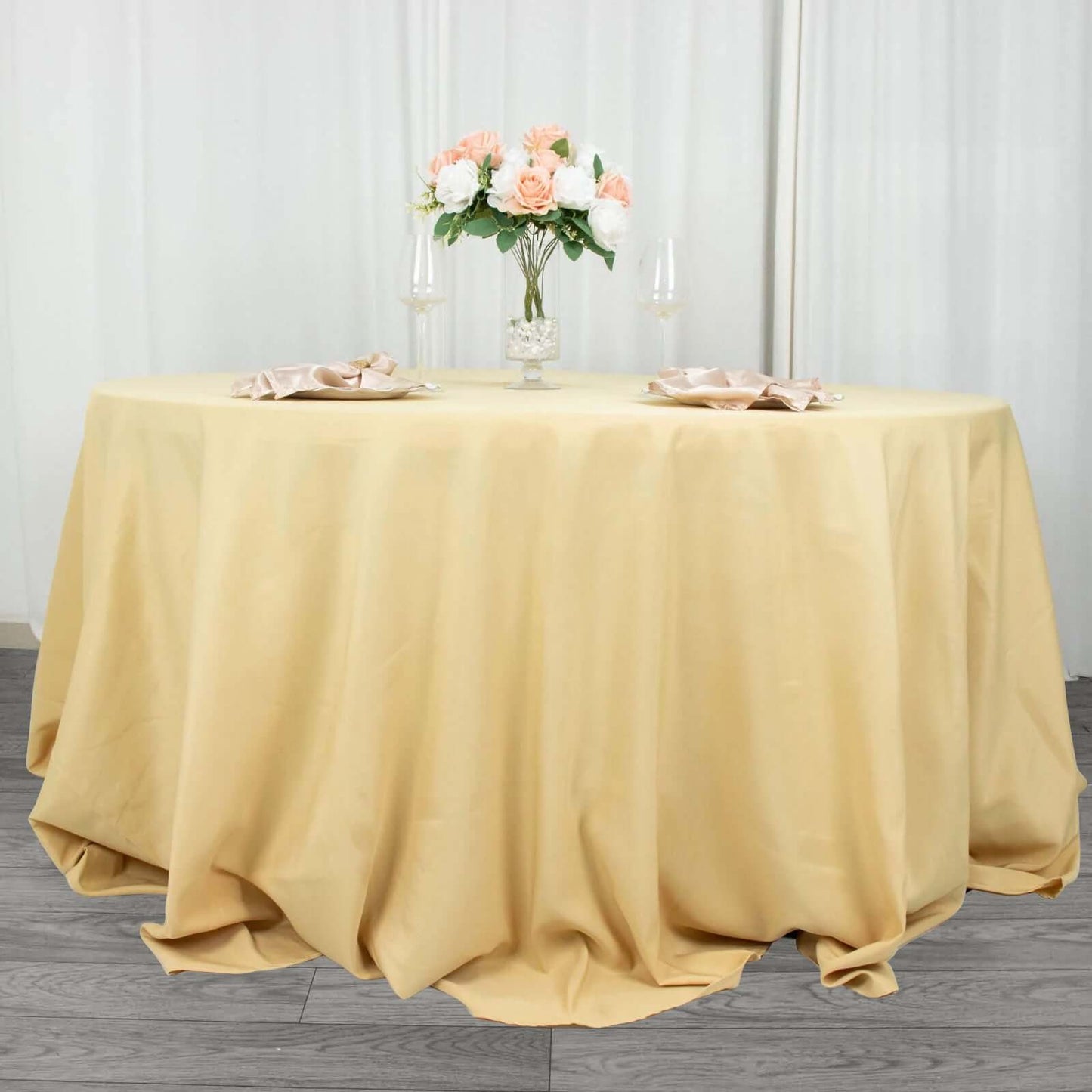 Premium Polyester 132" Round Tablecloth Champagne - Seamless 220GSM Wrinkle-Resistant Table Cover