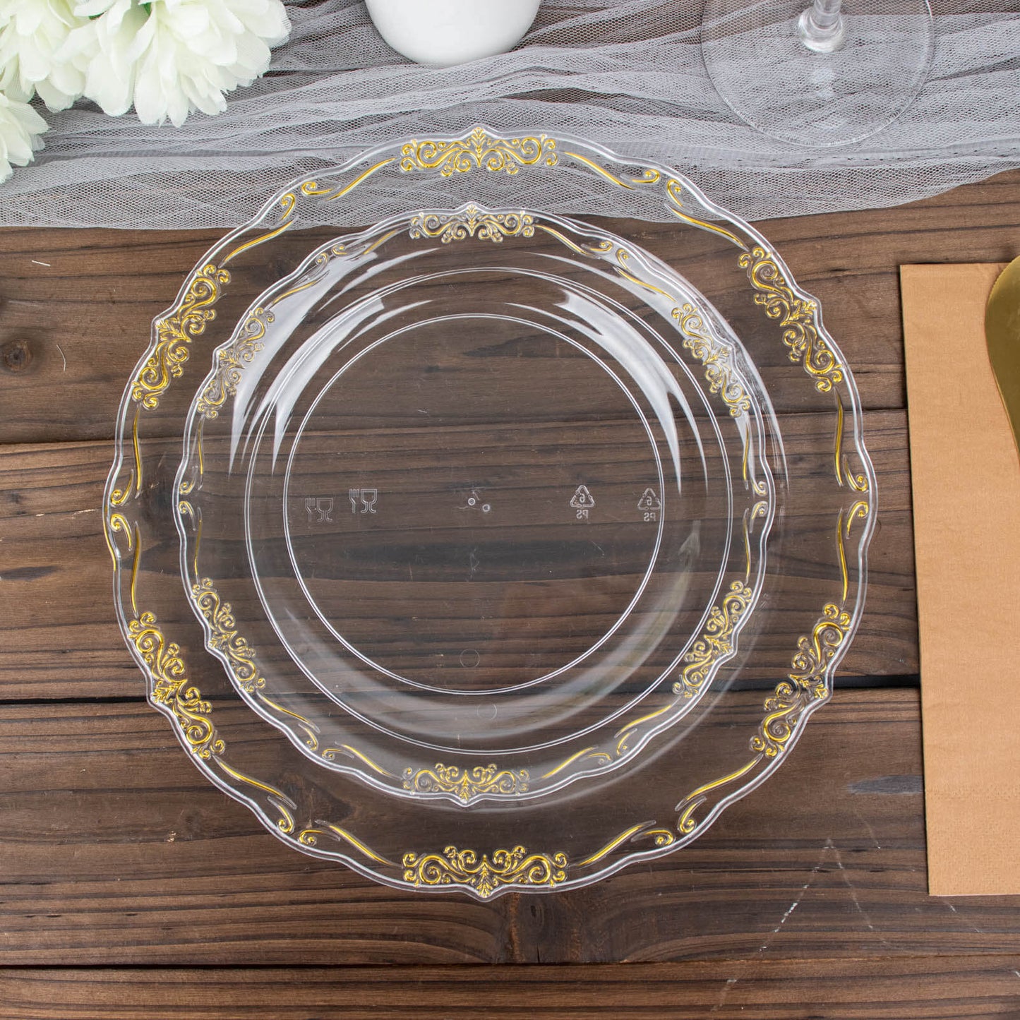 10-Pack Plastic 7" Round Dessert Plates in Clear with Gold Vintage Embossed Rim - Sturdy Disposable Scalloped Edge Salad Plates for Sophisticated Events & Celebrations