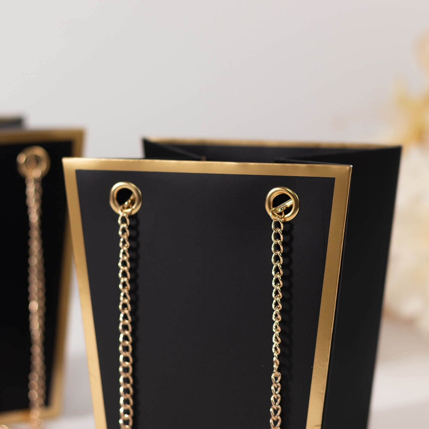 6 Pack Black Gold Edge Paper Flower Gift Bags With Metal Chain Handles, Trapezoid Party Favor Tote Bags - 5"x6"