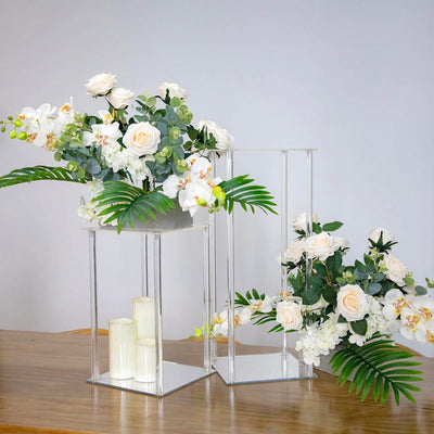 Acrylic Flower Vase Pillar Stand with Square Mirror Base Clear - Stylish Wedding Table Centerpiece 16"