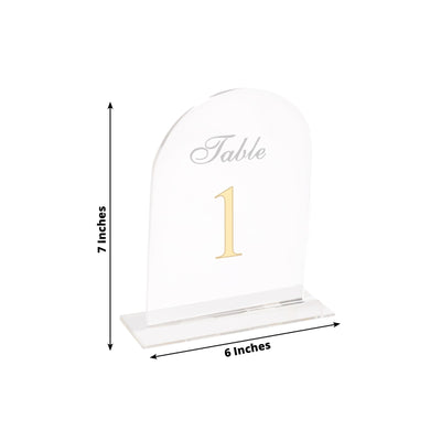 Clear Arch Acrylic Table Numbers (1-10) - 6’’x7’’ Wedding Reception Signs with Gold Print & Stands - Decorations