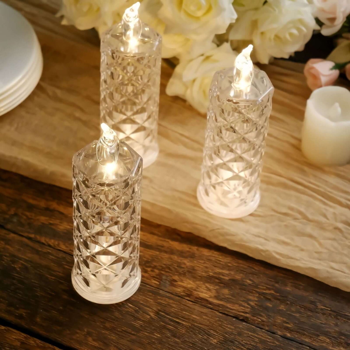 3-Pack LED Flameless Candle Lights Rose Halo Acrylic Diamond Pattern Warm White - Pillar Lamps 6"