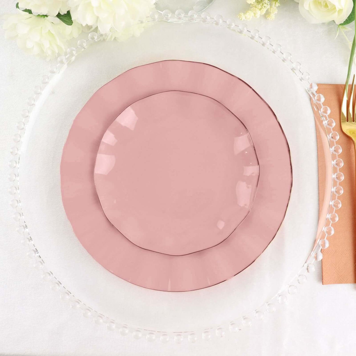 10-Pack Plastic Round 6" Dessert Plates in Dusty Rose Ruffled Rim with Gold Edging - Sturdy Disposable Salad Appetizer Dinnerware