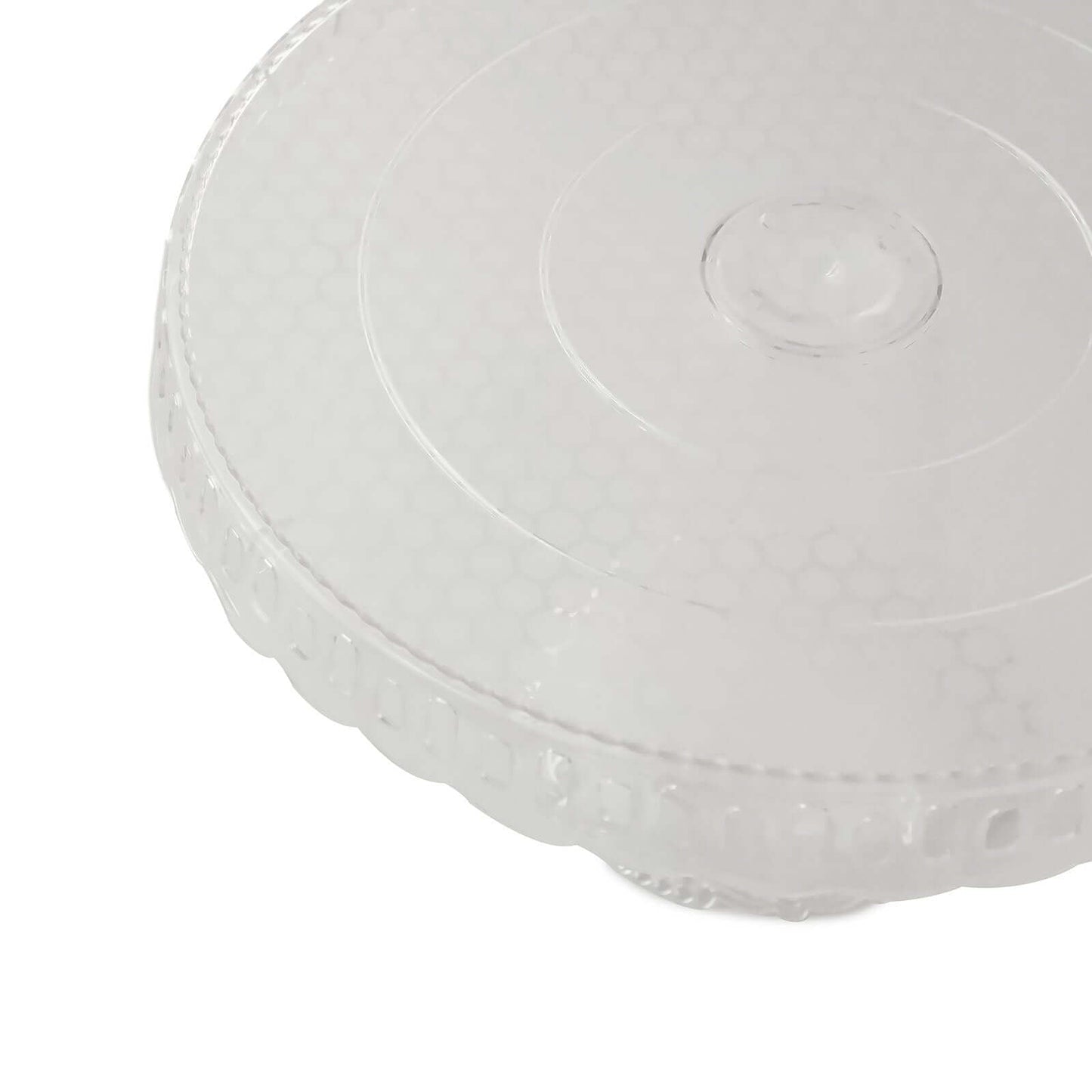 4-Pack Plastic Round Pedestal Cake Stands Clear - Reusable Cupcake Pastry Display Risers with Hollow Ribbon Trim Edges for Stylish Dessert Presentation 13"