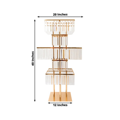 40" Crystal Pendant Table Centerpiece in 5-Tier Gold, Square Flower Stand Metal Vase Chandelier with Hanging Crystals