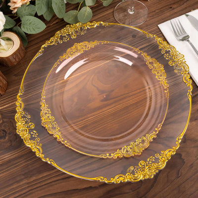 10-Pack Plastic 10" Round Dinner Plates in Transparent Blush with Gold Leaf Embossed Rim - Disposable Vintage Baroque Style Plates
