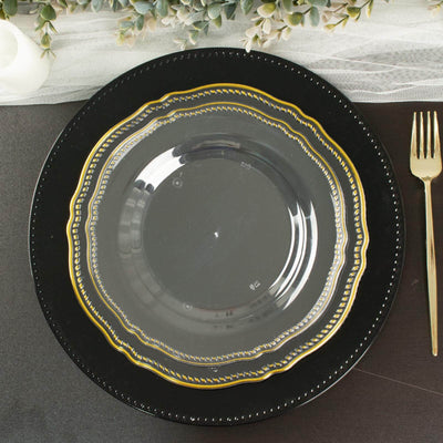 10-Pack Plastic 10" Dinner Plates in Clear with Gold Scalloped Rim - Disposable Large Party Plates