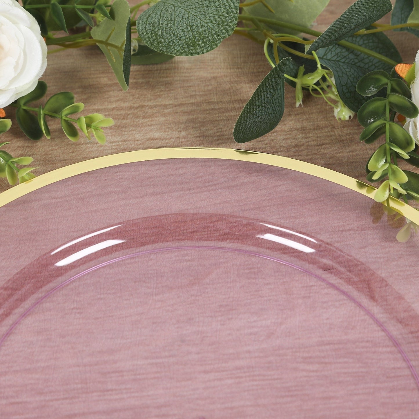 10 Pack Purple Economy Plastic Charger Plates With Gold Rim, 12" Round Transparent Dinner Chargers Event Tabletop Decor