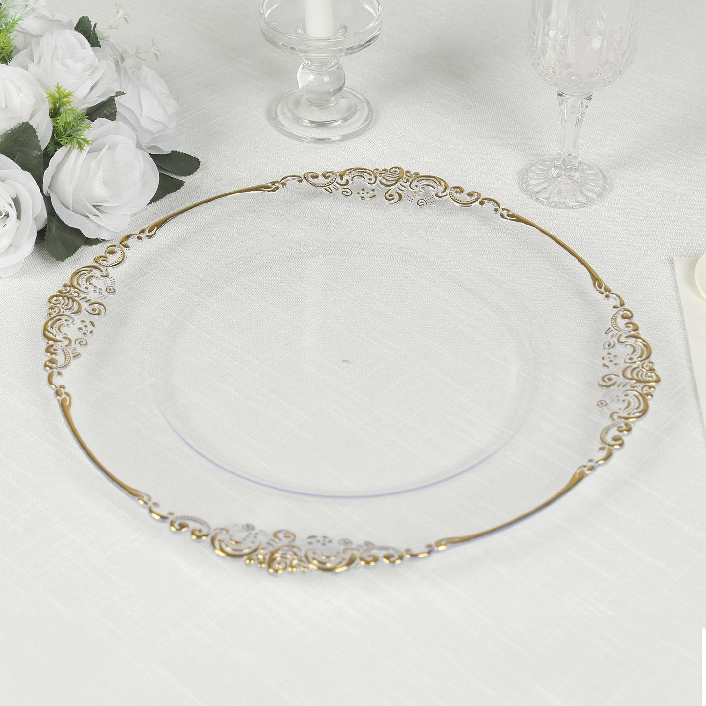 20-Pack Economy Plastic Round Charger Plates 13" in Clear with Gold Embossed Baroque Rim, Stylish Dinner Party Serving Plates