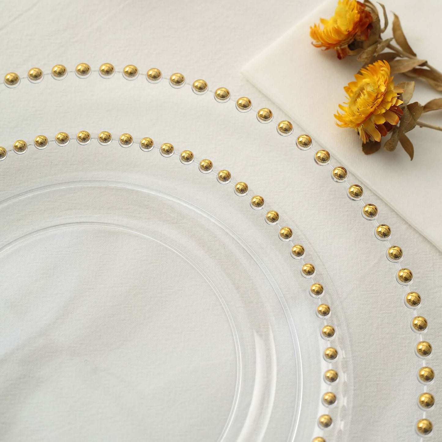 10-Pack Clear Plastic Dessert Plates – 8" Round with Gold Beaded Rim, Disposable for Parties & Events