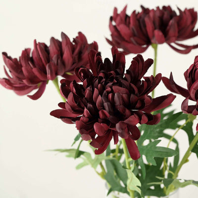 3 Stems Burgundy 27" Artificial Silk Chrysanthemum Bouquet Flowers, Large Faux Mum Branches
