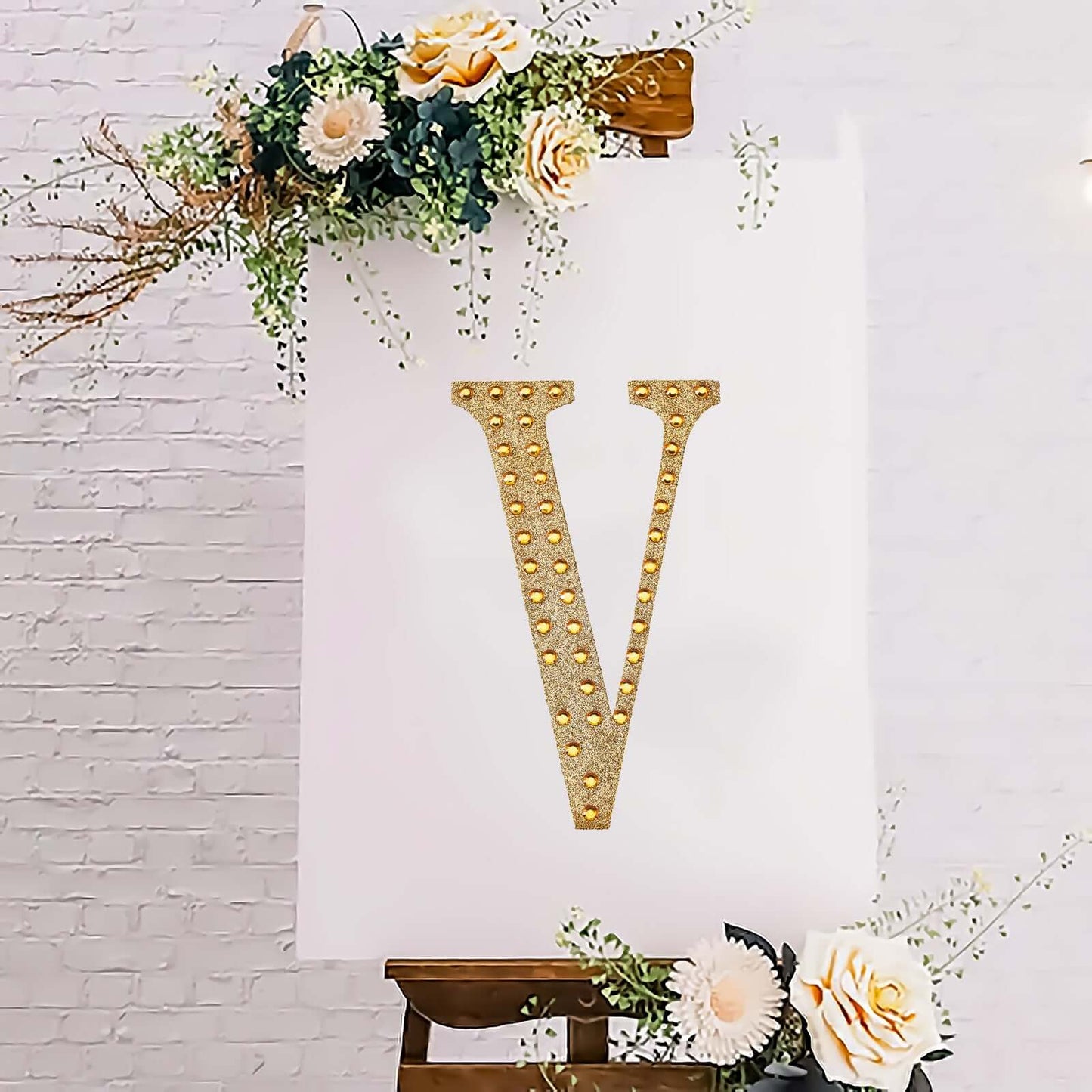 Decorative Rhinestone Alphabet "V" Letter Stickers, Glitter Adhesive Craft Letters Gold DIY Sparkle Embellishments 8"