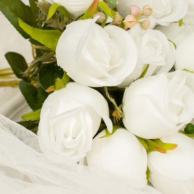 3 Pack 13" White Real Touch Silk Rose Bud Flower Bridal Bouquets, Artificial Floral Bush Arrangements