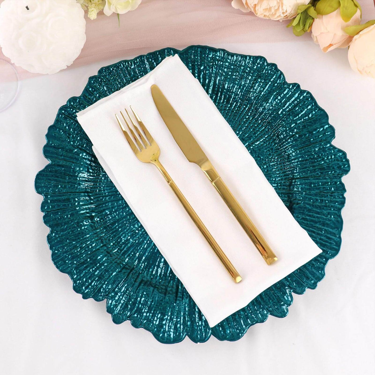 6-Pack Acrylic Plastic Round Charger Plates 13" in Peacock Teal with Reef Design, Dinner Charger Tableware