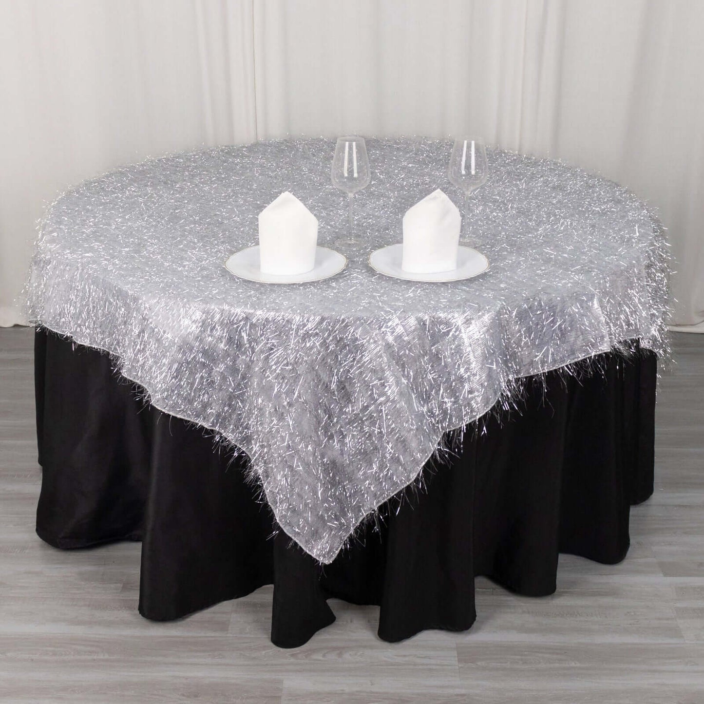 Polyester 72"x72" Table Overlay Square Tablecloth Silver - Metallic Fringe Shag Tinsel Table Cover