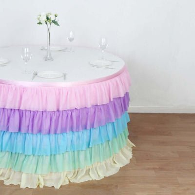 Chiffon 14ft Table Skirt Gradient Unicorn - 5-Tier Ombre Ruffled Tutu Table Cover with Satin Backing for Enchanting Events