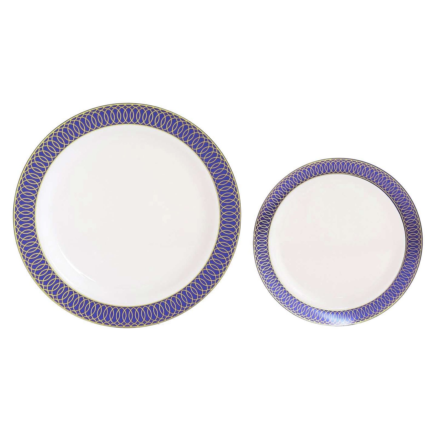 10-Pack Plastic Round Dessert Plates 7" White with Navy Blue Gold Spiral Rim - Disposable Salad Plates