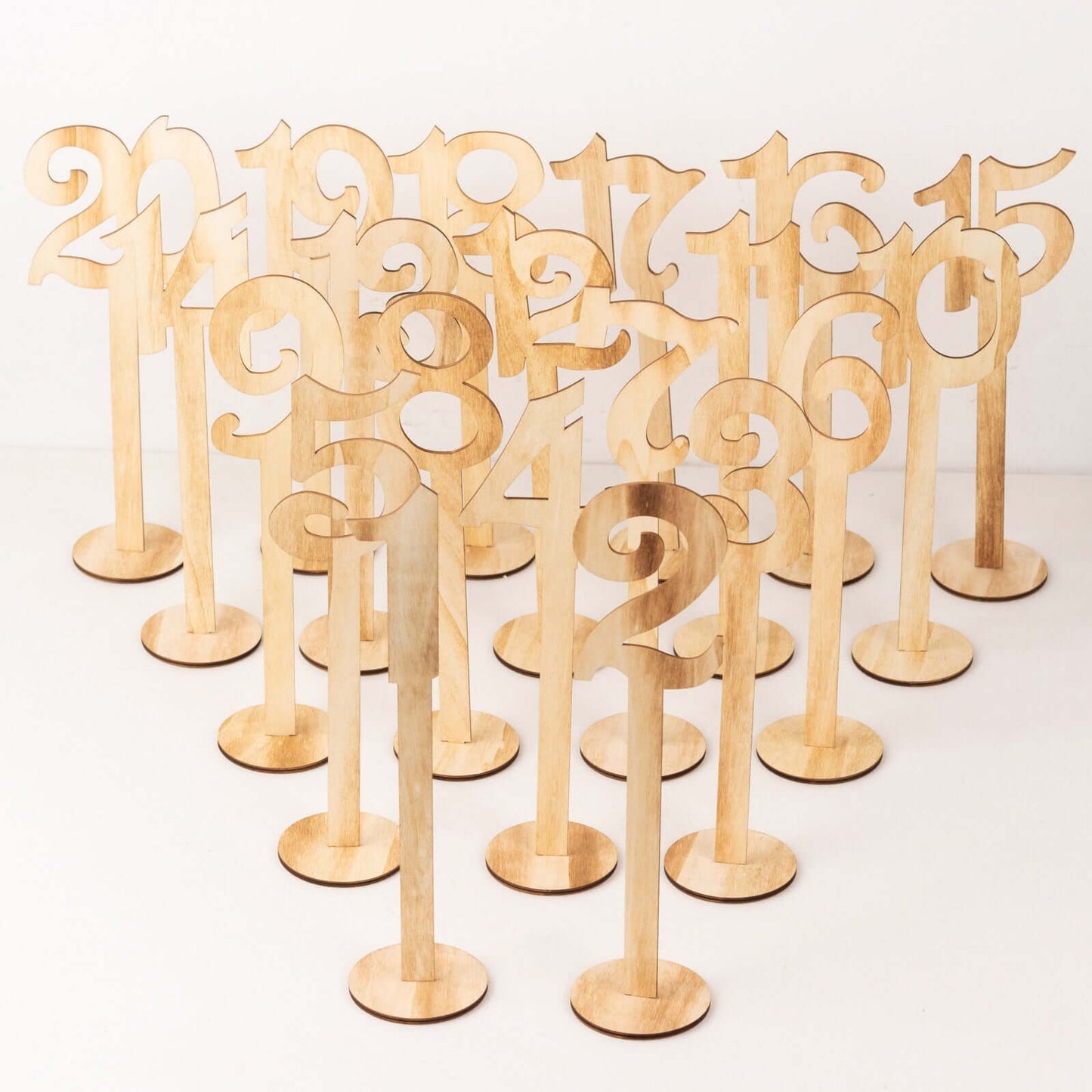 Set of 20 Wooden Wedding Table Numbers Natural 1-20 with Round Holder Base - Rustic Table Signs for Receptions 11" Tall
