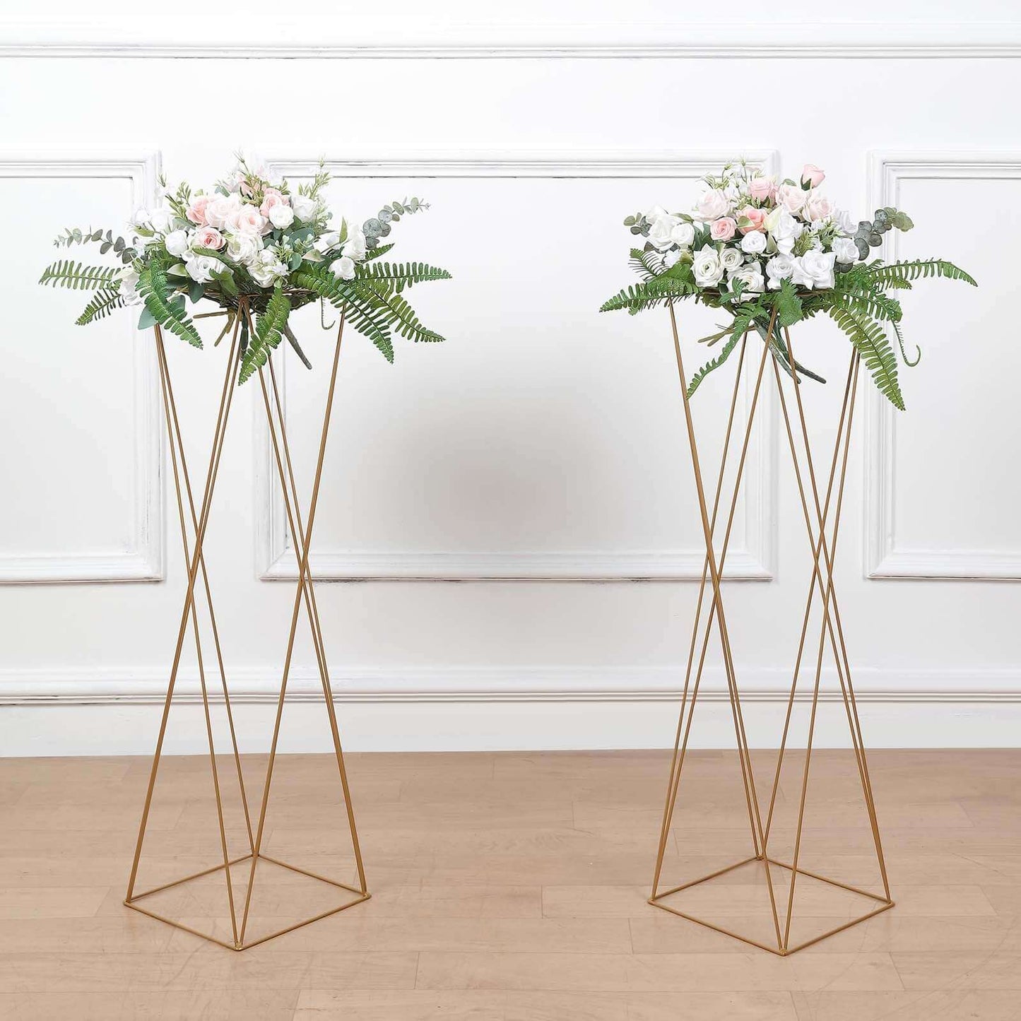 2-Pack Wedding Centerpieces Metal Geometric Crisscross Design Gold - Open Column Pedestal Stands 32"
