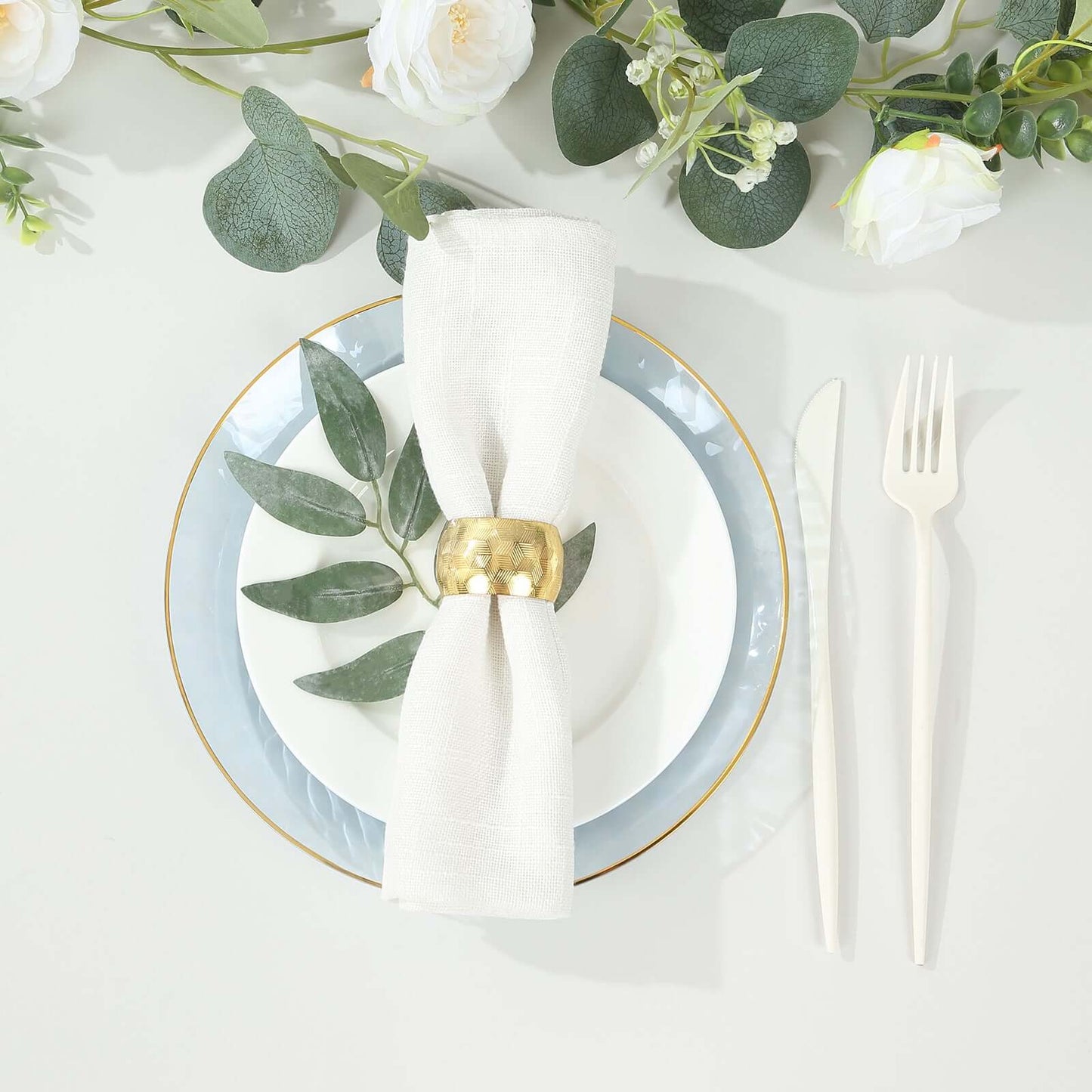 10-Pack Plastic 9" Round Dinner Plates in Transparent Dusty Blue Hammered Design with Gold Rim - Modern Disposable Party Plates