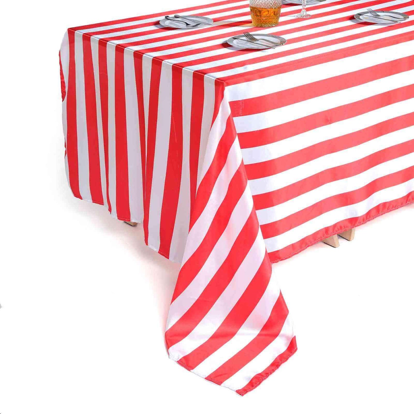 Satin 90"x156" Rectangle Tablecloth Red/White - Stripe Design with Seamless Finish Table Cover