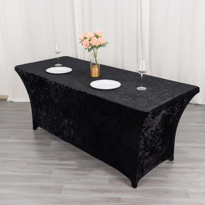 Crushed Velvet Fitted Rectangular 6ft Table Cover Black - Wrinkle-Free Stretchy Tablecloth - Tablecloths