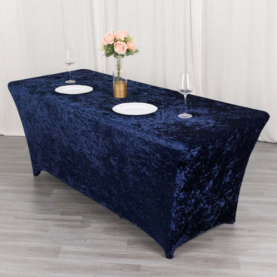 Crushed Velvet Fitted Rectangular 6ft Table Cover Navy Blue - Wrinkle-Free Stretchy Tablecloth - Tablecloths