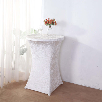 Crushed Velvet Spandex 30’’ Round Cocktail Table Cover White Smooth Highboy Tablecloth - Tablecloths