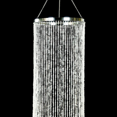 9ft Hanging Beaded Crystal Column Chandelier, Tall Beads Curtain Round with Silver Metal Hoop and Hanging Chain
