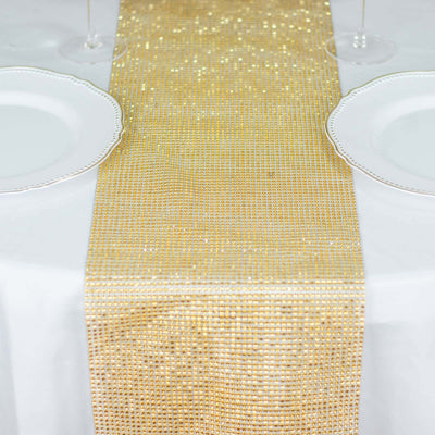 Crystal Rhinestone 10’’x108’’ Table Runner Gold - Luxe Shiny Diamond Mesh Bling Table Runner Roll - Runners