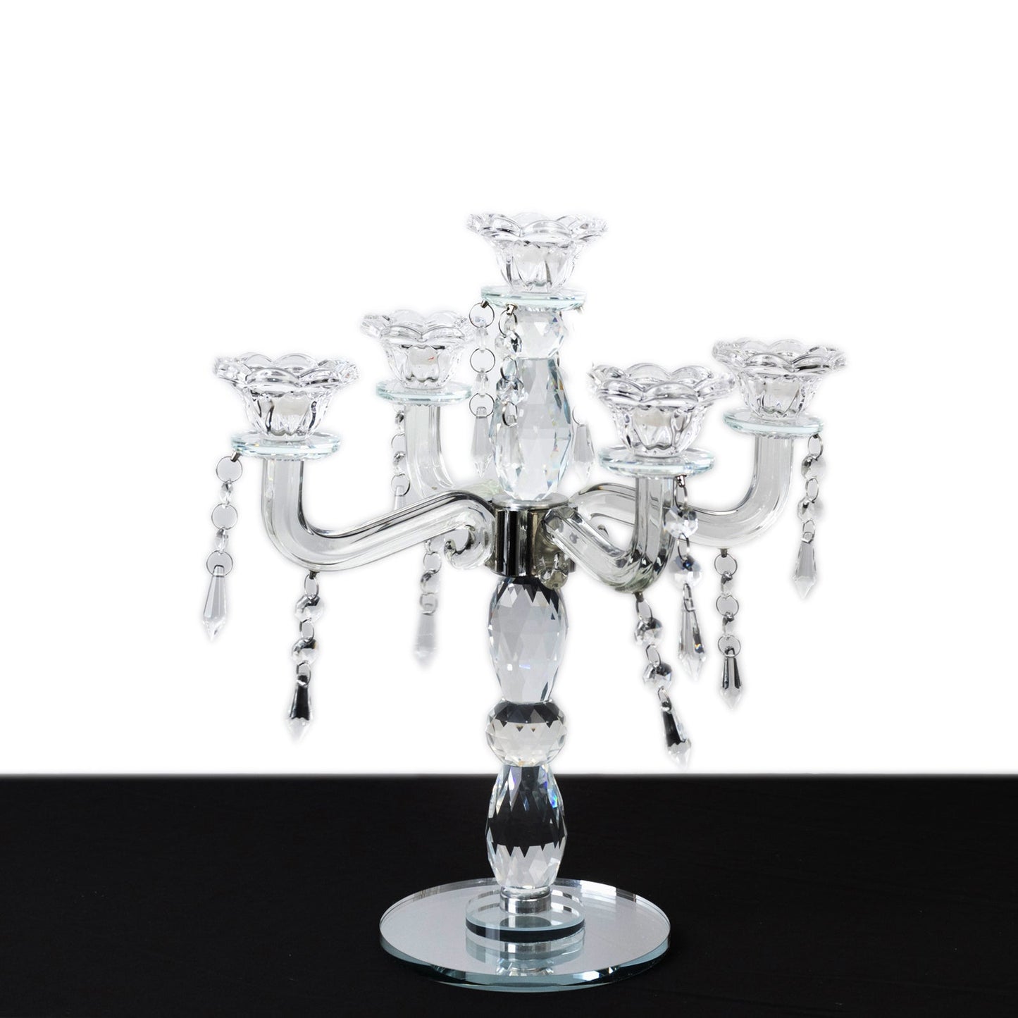 Crystal Taper Candle Holder with 5 Arms & Hanging Pendants – Elegant Table Centerpiece 14’’ - Centerpieces