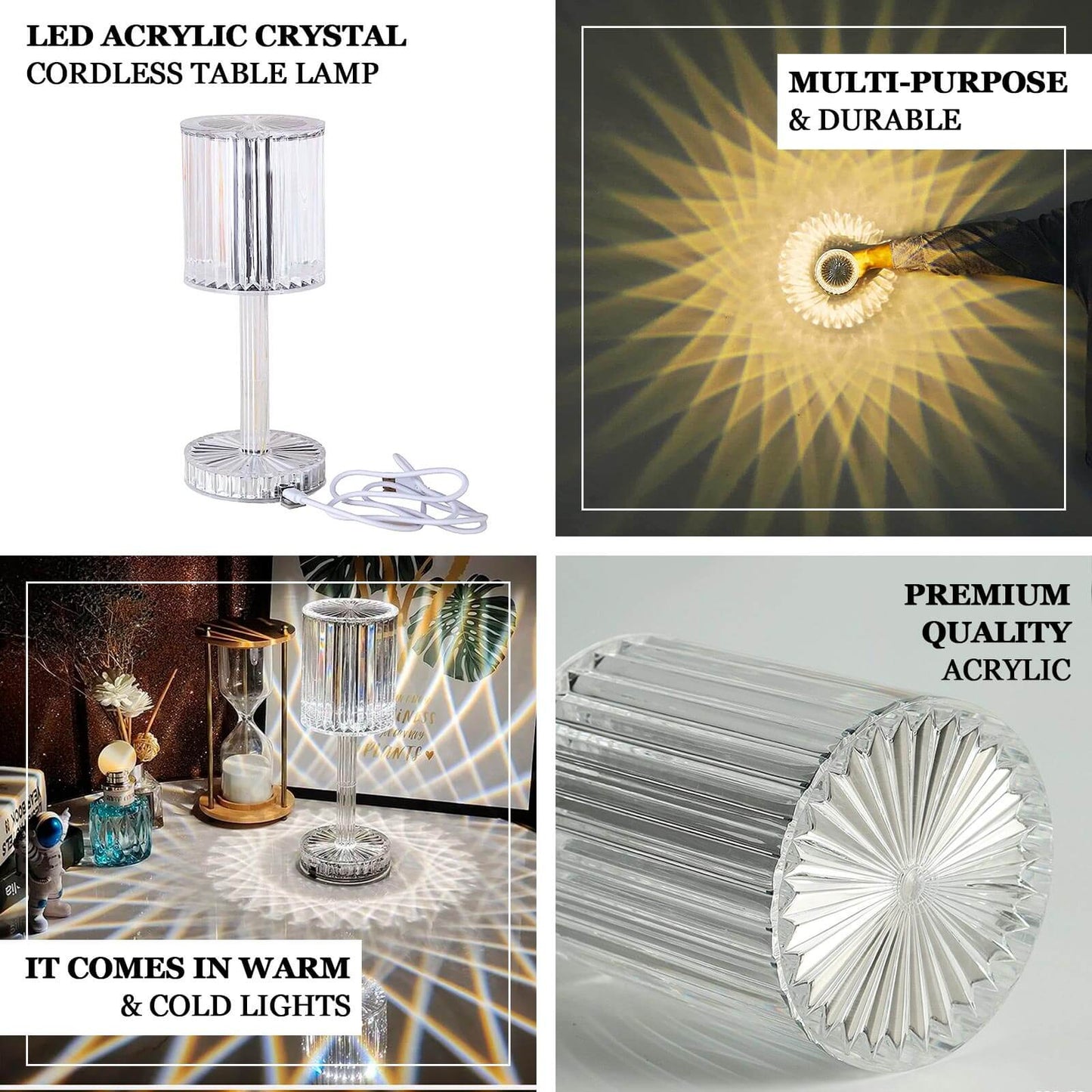 LED Acrylic Table Lamp Cylinder Design Color Changing - Rechargeable Cordless RGB Touch Control Light 10"