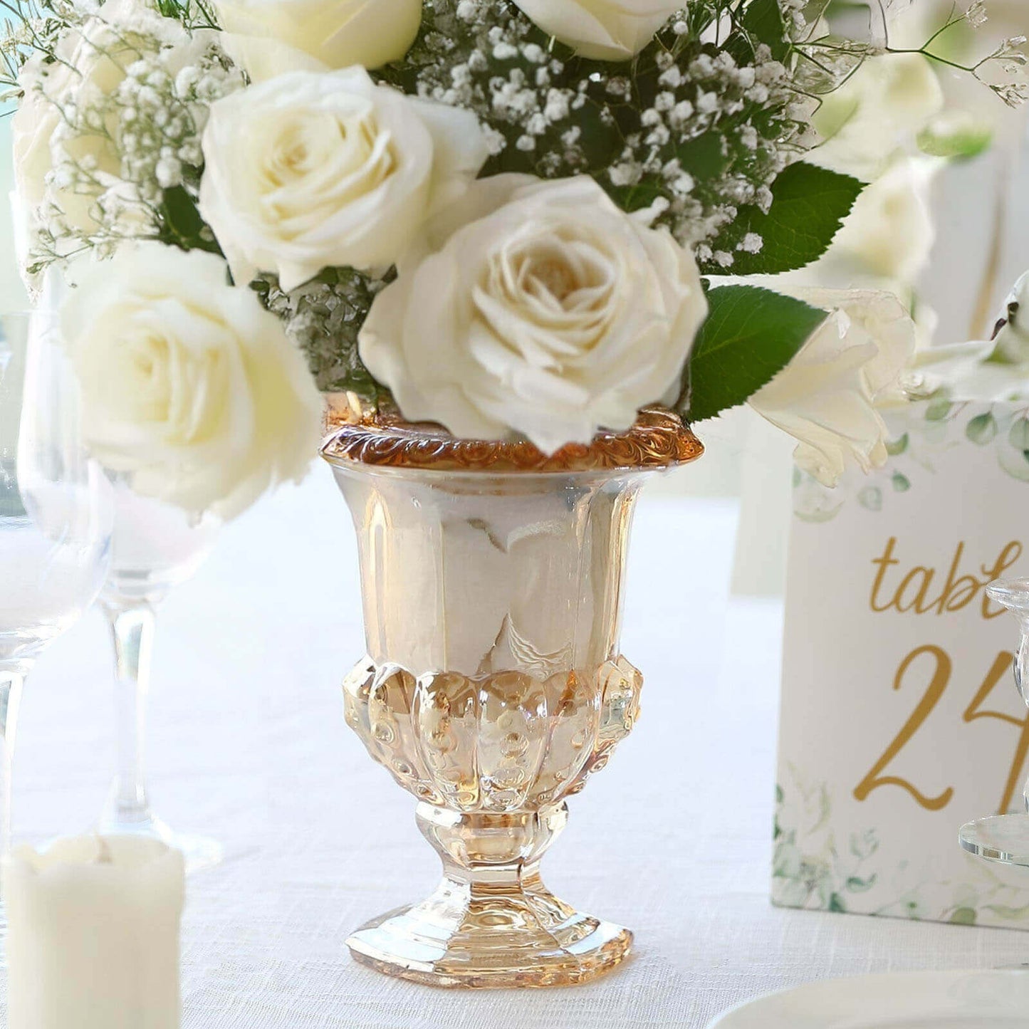 2-Pack Glass Mini Pedestal Flower Vases in Classic Roman Urn Style Amber Gold - Sophisticated Wedding Table Centerpieces 8"