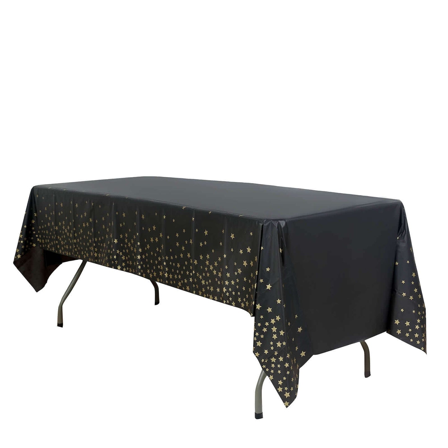 5-Pack Plastic Table Covers Black Rectangle with Gold Stars - Decorative PVC Disposable Tablecloths 54"x108"