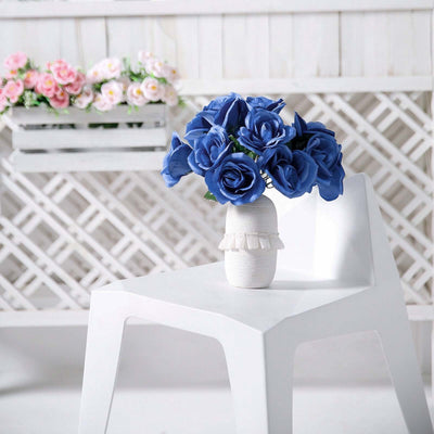 12" Royal Blue Artificial Velvet-Like Fabric Rose Flower Bouquet Bush
