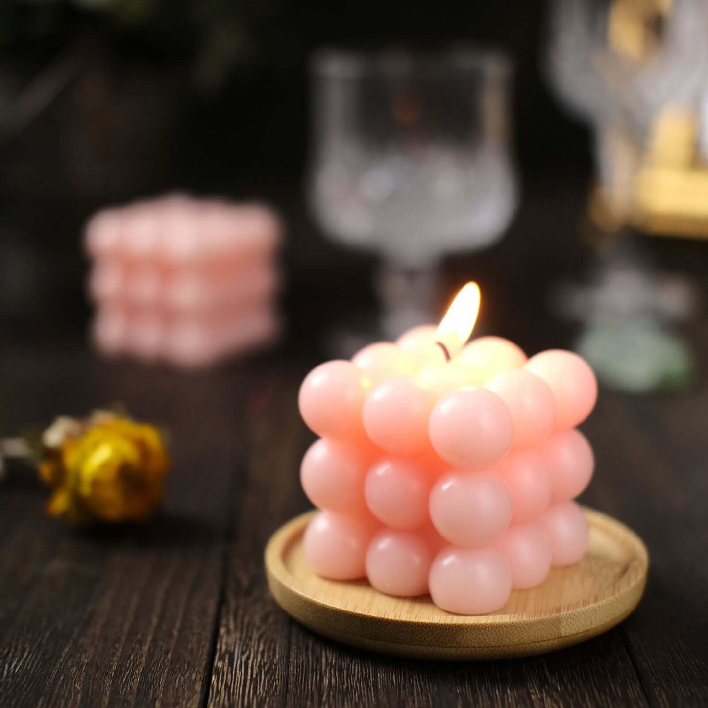 2-Pack Decorative Paraffin Wax Candles Bubble Cube Design Blush - Unscented Long Burning Pillar Candle Set 2"