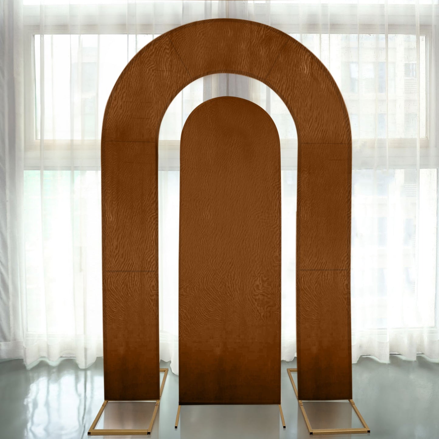 Set of 2 Brown Spandex Fitted Wedding Arch Covers for Round Top and Double Arch Chiara Backdrop Stands - 6ft,8ft