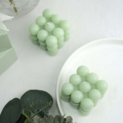 2-Pack Decorative Paraffin Wax Candles Bubble Cube Design Sage Green - Unscented Long Burning Pillar Candle Set 2"