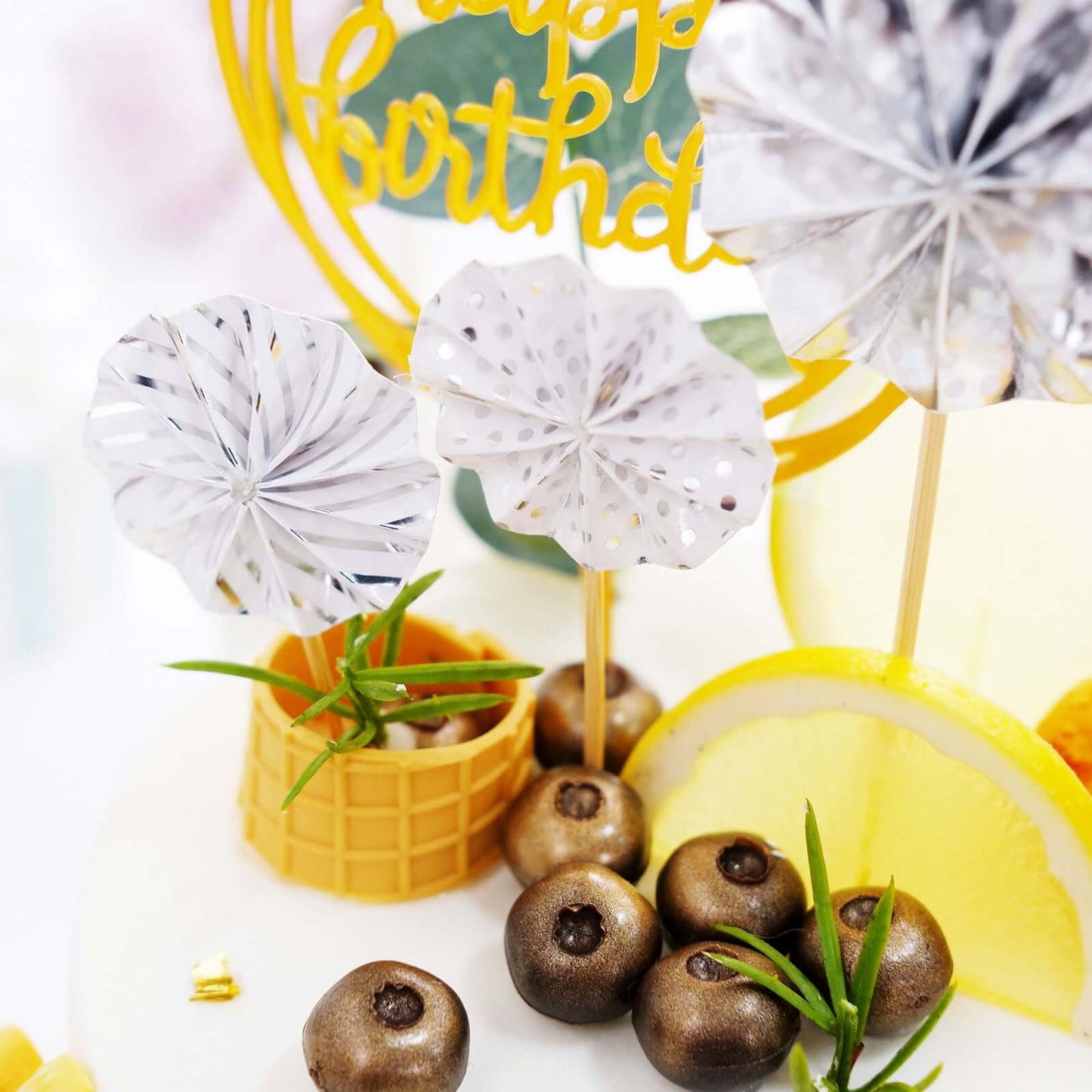 6 Pcs Happy Birthday Cake Topper Silver/Gold - Fun Cake Decoration with 4 Mini Paper Fans & Confetti Balloon for Themed Parties & Special Occasions