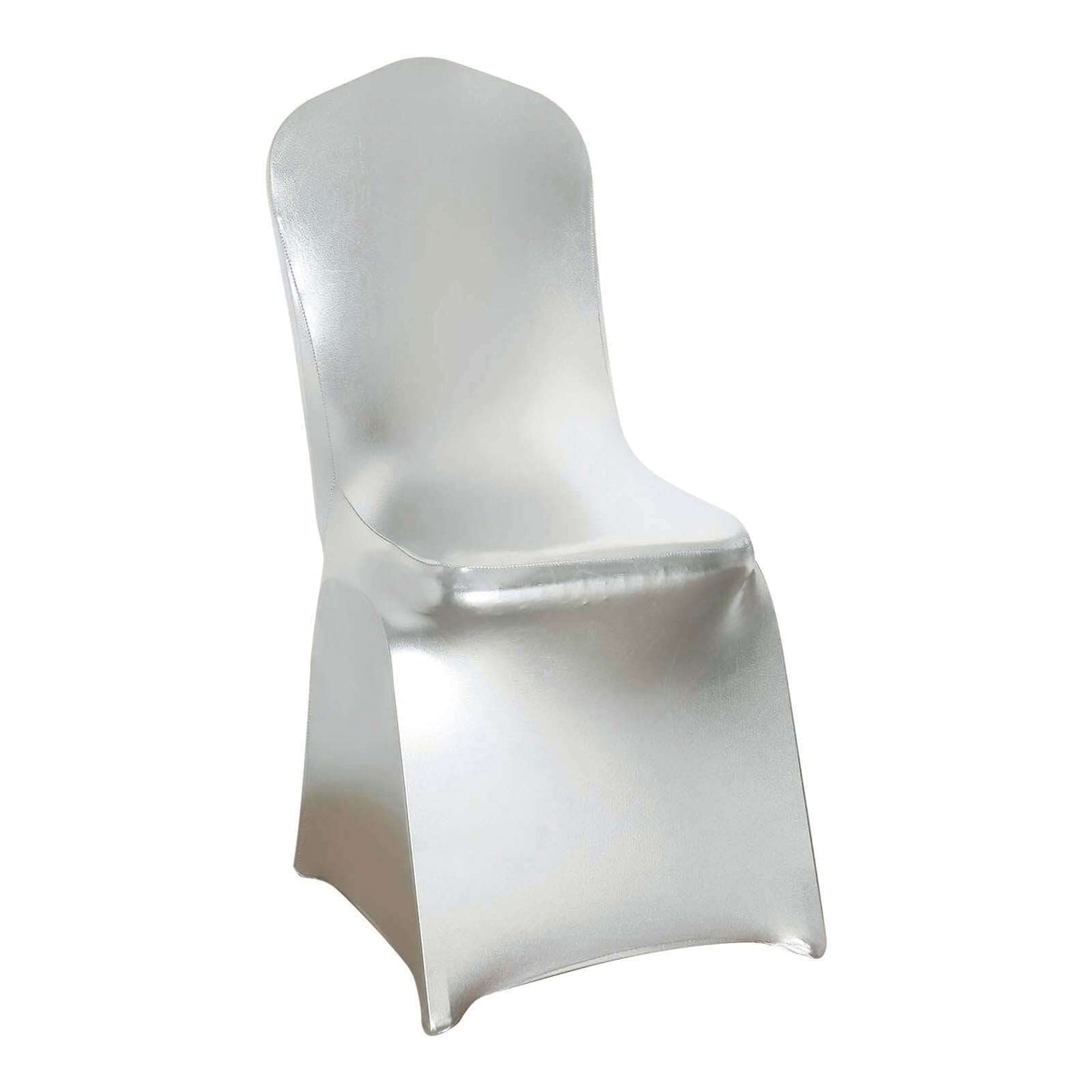 Spandex Banquet Chair Cover Metallic Silver Tinsel with Sash and Rhinestone Buckle - Shimmering Fitted Slipcover
