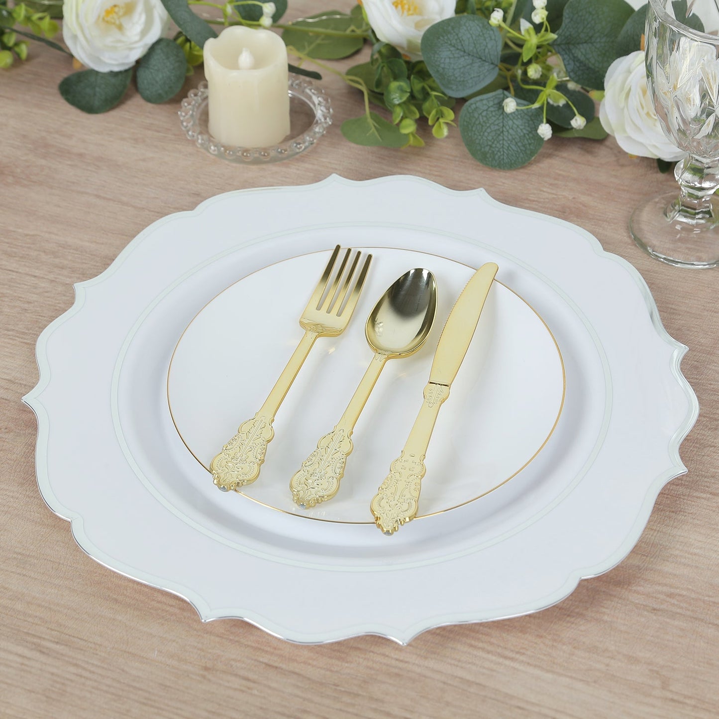 10-Pack Economy Plastic Round Charger Plates 13" in White with Silver Scalloped Rim, Decorative Dinner Party Serving Plates