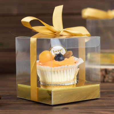 12 Pack 3.5" Clear Metallic Gold Disposable Cupcake Boxes With Ribbon Tie, Plastic Wedding Favor Boxes
