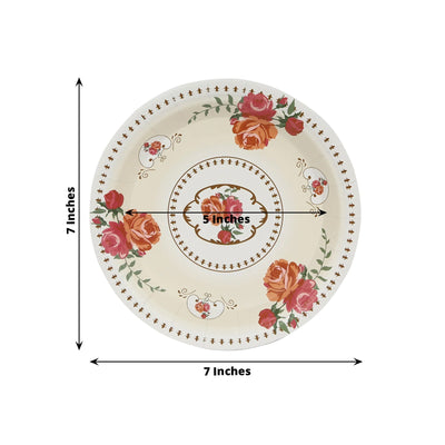 25-Pack Paper 7" Round Dessert Plates in Ivory with Vintage Rose Flower Print - Disposable Appetizer Salad Plates for Bridal Showers & Garden Luncheons