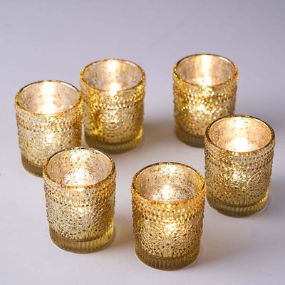 6-Pack Gold Glass Votive Tealight Holders - Stylish Primrose Design for Weddings & Décor